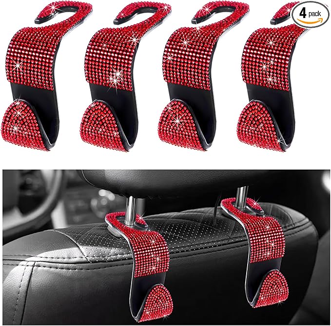 4 PCS Car Seat Headrest Hooks, Bling Crystal Rhinestone Back Seat Hanger Storage Organizer, Sparkly Seatback Holder Hooks for Purse and Bags Universal For Most Vehicles (Red)