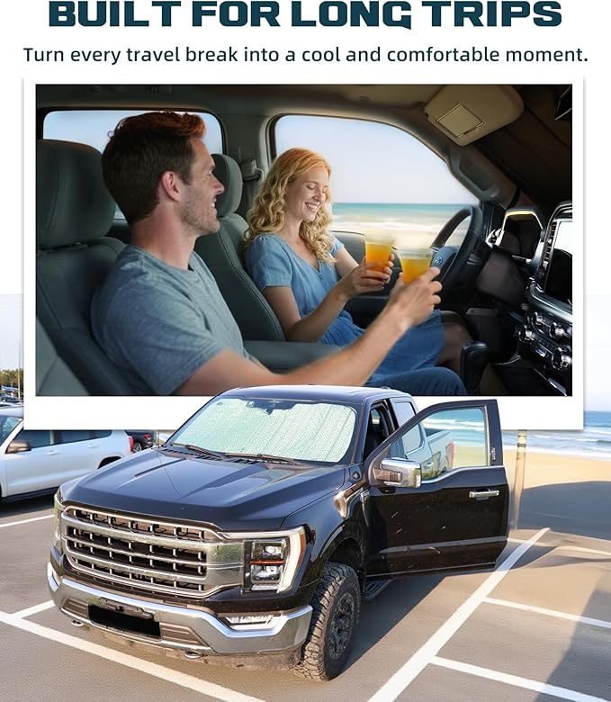 Trumgeta Upgraded Windshield Sun Shade Fit for Ford F-150 2021–2026, Complete UV Blocking Foldable Sunshade, Long-Lasting Interior Protector