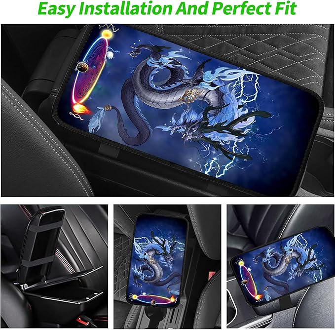 JANENFNA Car Armrest Cover Pads Universal Fashion Cute Auto Center Console Armrest Cover Pad with 2PCS Car Coasters Soft Waterproof Car Armrest Seat Protector for Women,King Dragon