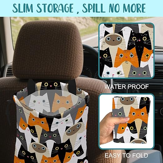 KXWQTRDD Car Trash Bag Cute Cartoon Cats Leak-Proof Waterproof Car Garbage Bag with Drawstring Foldable Canvas Trash Bin with Adjustable Buckle for Car Accessories, Travelling, Camping