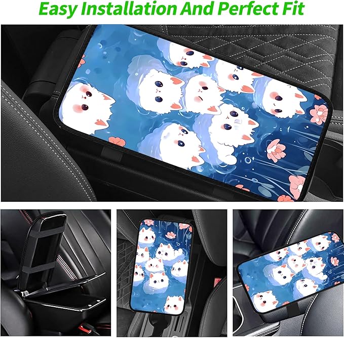JANENFNA Car Armrest Cover Pads Universal Fashion Cute Auto Center Console Armrest Cover Pad with 2PCS Car Coasters Soft Waterproof Car Armrest Seat Protector for Women,Cute White Cat in Water
