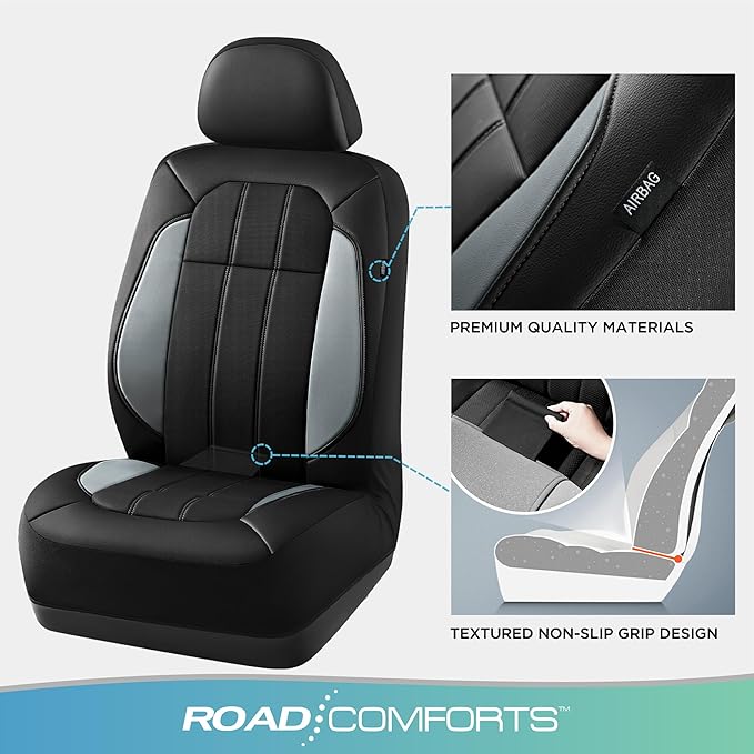 Road Comforts Car Seat Covers, Breathable Leather Seat Covers, Car Seat Covers Front Seats Airbag Compatible, Automotive Seat Covers for Most Cars, Vans, Trucks, SUV- Gray
