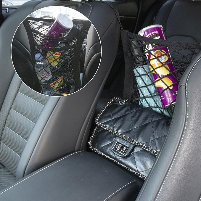 Amiss 3 Layer Car Net Pocket Handbag Holder, Between Seat Back Storage, Elastic Mesh Trunk Bag for Inside, Accessories Interior, Barrier of Backseat Kids Dogs or Pets - 9.8511.8 in