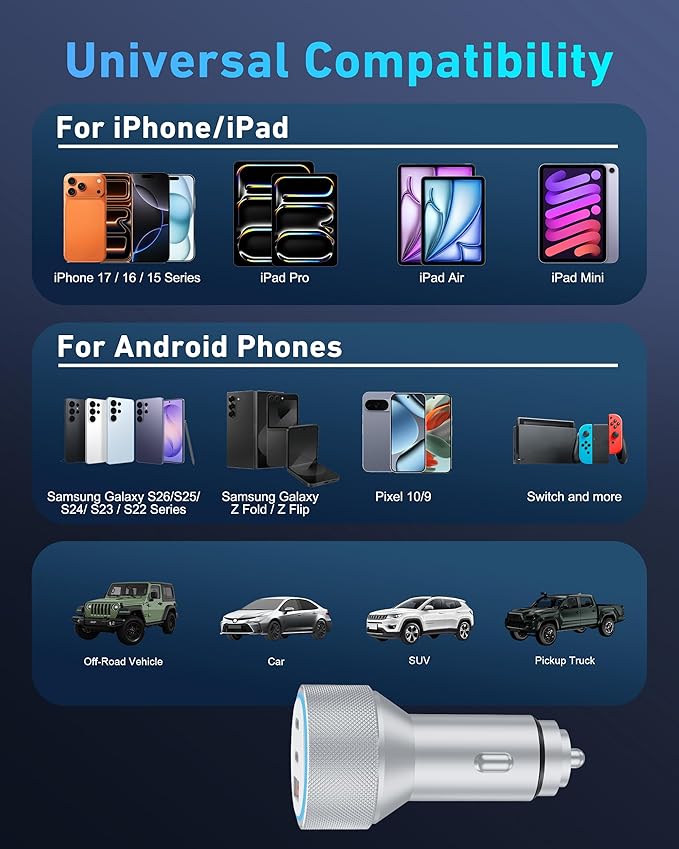 for iPhone 17/16/15 Pro Max Car Charger, 67W 3-Port Fast USB C Car Charger Power Cigarette Lighter Adapter with 3FT USB C to C Cable for iPhone 17/17 Pro/Air/17e/16/15 Pro Max/Plus/16e, iPad