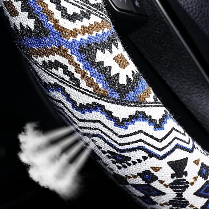 SEG Direct Steering Wheel Cover Handwoven Flax with Geometric Patterns, Anti-Slip & Breathable, Ethnic Style Steering Wheel Protector, Fits 14.5" - 15.25" Wheels