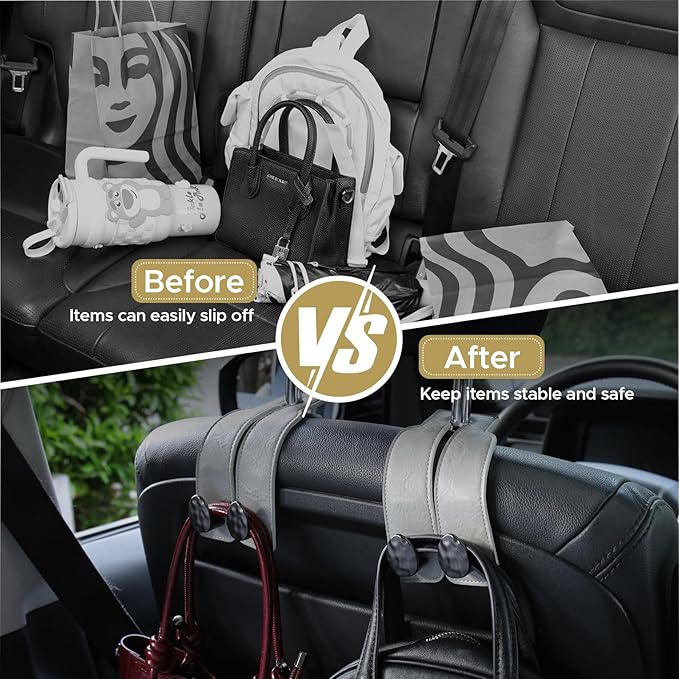 URIZZD 4 PCS Leather Car Seat Hooks for Headrest, Vehicle Hanger Storage Organizer Universal for Handbag Purse, Car Accessories Gift (Grey-Black-4 PCS)