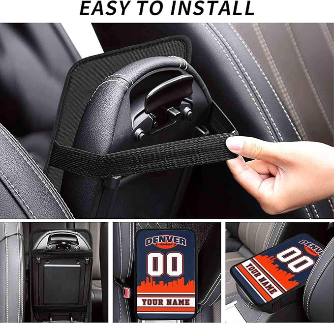 Custom Denver Car Armrest Covers Personalized Football Style with Name Number Customized Auto Center Console Pad Car Handrail Box Cushion for Most Vehicle Decor Accessories, Fans Gift
