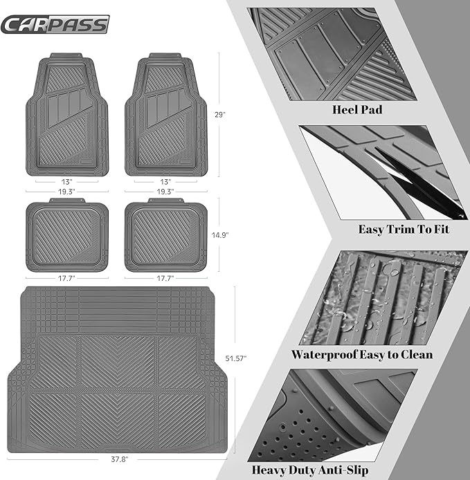 CAR PASS Heavy Duty Rubber Floor Mats Gray Car Mats Full Set with Trunk Cargo Liner - Universal Waterproof Floor Mats for Car SUV Truck, Durable All Weather Automotive Liner Mats (All Gray)