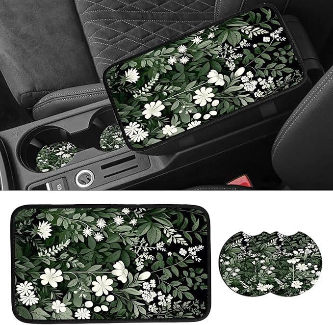 JANENFNA Car Armrest Cover Pads Universal Fashion Cute Auto Center Console Armrest Cover Pad with 2PCS Car Coasters Soft Waterproof Car Armrest Seat Protector for Women,White Flowers