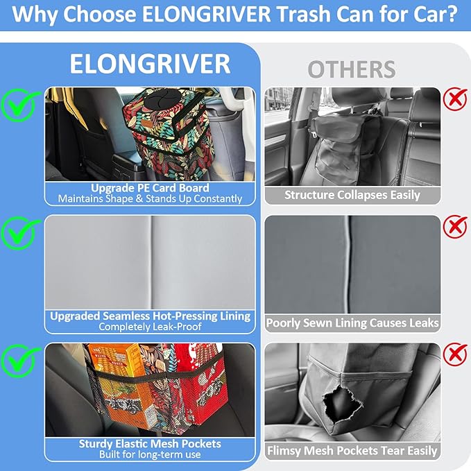 Car Trash Can Bin for Back Seat Leak Proof, Cute Car Trash Bag Hanging, Vehicle Trash Can for SUV Truck Van, Automotive Garbage Cans Front Seat Red Leaves, 2 Gallons