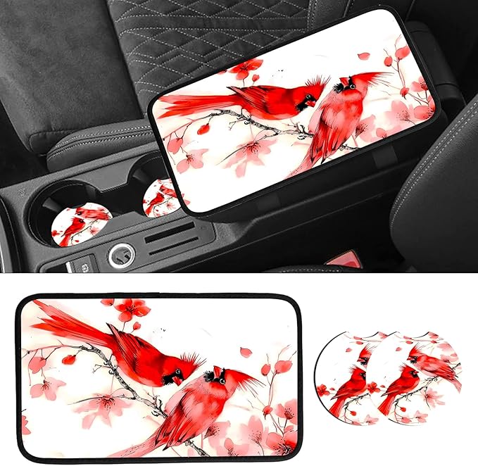 JANENFNA Car Armrest Cover Pads Universal Fashion Cute Auto Center Console Armrest Cover Pad with 2PCS Car Coasters Soft Waterproof Car Armrest Seat Protector for Women,Cute Cardinal Bird