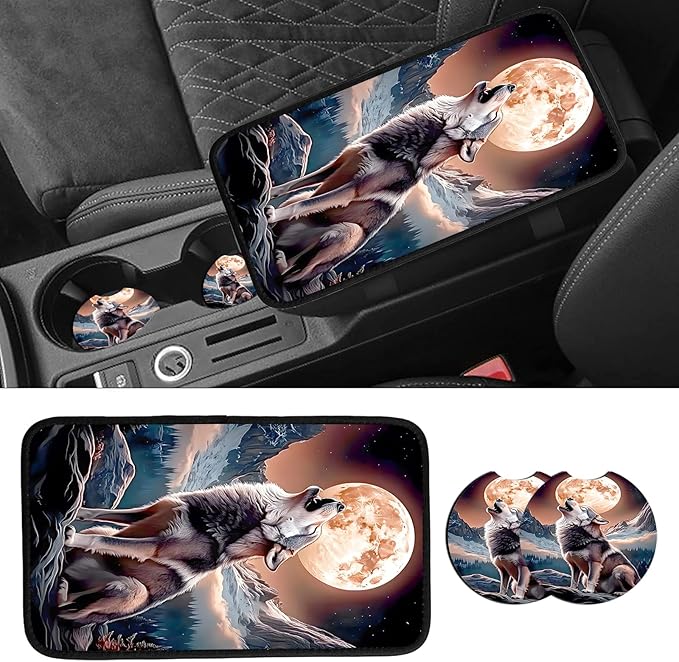 JANENFNA Car Armrest Cover Pads Universal Fashion Cute Auto Center Console Armrest Cover Pad with 2PCS Car Coasters Soft Waterproof Car Armrest Seat Protector for Women,Wolf Moon Howl-A