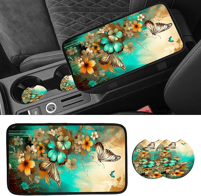 JANENFNA Car Armrest Cover Pads Universal Fashion Cute Auto Center Console Armrest Cover Pad with 2PCS Car Coasters Soft Waterproof Car Armrest Seat Protector for Women,Flowers Butterflies