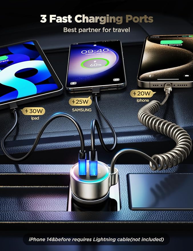 60W USB C Car Charger Fast Charge PD& QC3.0 with 5ft 30W Type C Coiled Cable, Car Phone Charger Adapter for iPhone 17/16/15 Pro Max Plus, Samsung Galaxy S25/S24/S23, Pixel/Moto/LG/Android, iPad Pro