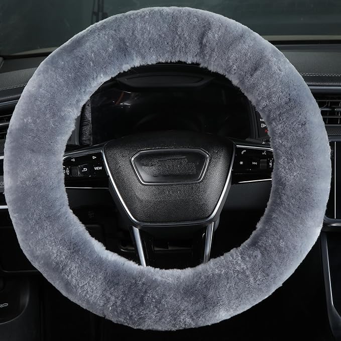 Fuzzy Wool Sheepskin car Steering Wheel Cover for Girls Women Men,Fluffy Soft Protector for Universal Steering Wheel 14 1/2-15 1/2inchs, Anti-Slip,Comforting Luxurious(Blue Grey)