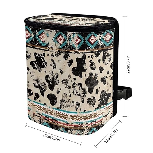 Southwest Aztec Cow Car Trash Bag Foldable Hanging Car Trash Bin Can with Lid Portable Washable Automotive Garbage Storage Bag for Back Seat