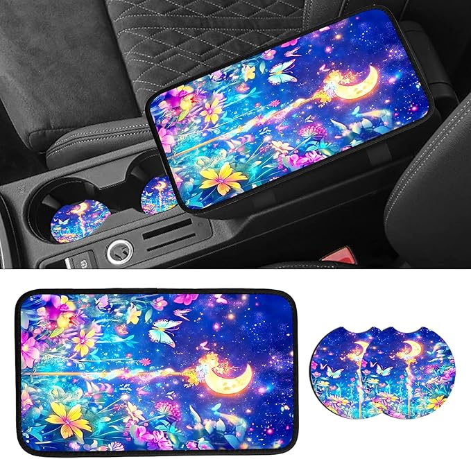 JANENFNA Car Armrest Cover Pads Universal Fashion Cute Auto Center Console Armrest Cover Pad with 2PCS Car Coasters Soft Waterproof Car Armrest Seat Protector for Women,Moon Magic Wand Flower