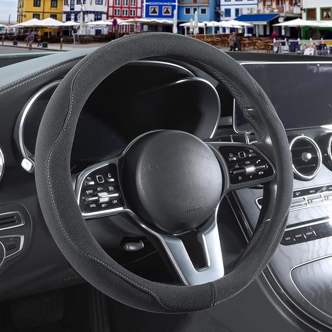 Gray Suede Steering Wheel Cover Large for Model X Model S Ford F150 F250 F350, Breathable Non-Slip Sweat-Proof Wear-Resistant, Warm in Winter and Cool in Summer, 15.5 inch to 16 inch