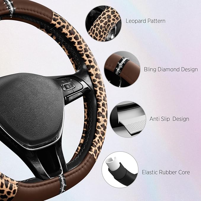 Road Comforts Leopard Steering Wheel Cover - Made with PVC Leather Cheetah Print, D-Shaped Automotive Steering Wheels - Anti-Slip, Universal Fit 14 1/2 inches to 15 inches - Brown