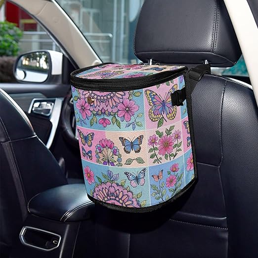 MNSRUU Car Trash Can with Lid, Flowers Butterflies Spring Car Trash Bag Hanging Organizers and Storage for Front Back Seat, Leak-Proof Trash Bin