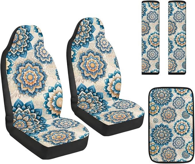 FUSURIRE Blue Mandala Flower Print Seat Covers for Cars Full Set 5-Pcs, PU Car Accessories Seat Belt Covers Pads + Vehicle Armrest Protector for Women Men Interior Accessories Decor