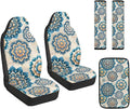 FUSURIRE Blue Mandala Flower Print Seat Covers for Cars Full Set 5-Pcs, PU Car Accessories Seat Belt Covers Pads + Vehicle Armrest Protector for Women Men Interior Accessories Decor