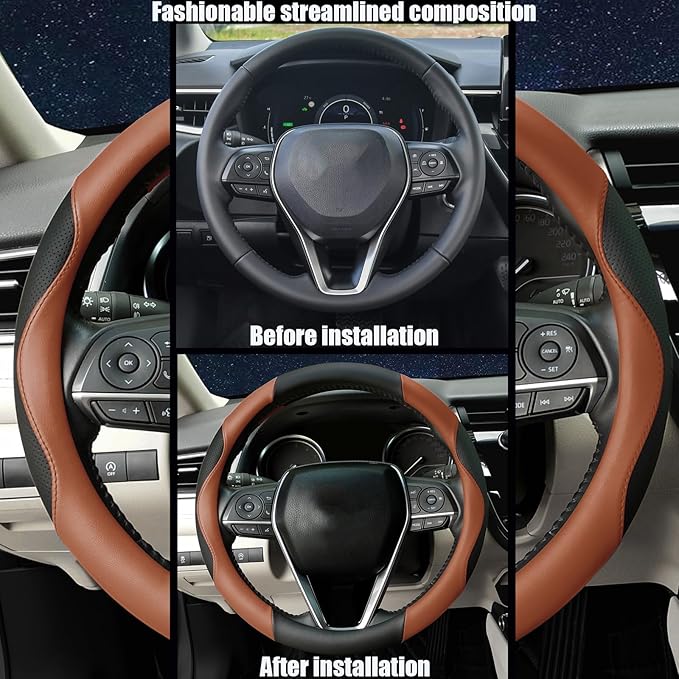 Mihecor Steering Wheel Cover Universal Standard Size 14.5-15 inch, Breathable Microfiber Leather, Anti-Slip, Soft Grip, Sporty Design, Fits for Cars SUVs Trucks, Black and Orange