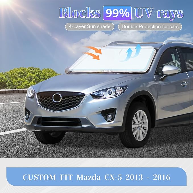 for Mazda CX-5 2013-2016 Sun Shade Sunshade Windshield Cover, 4-Layer Front Window Shade Custom Fit CX5 2013 2014 2015 2016 Sun Visor 240T Foldable Shade Blocks UV Rays Cooler Car Accessories