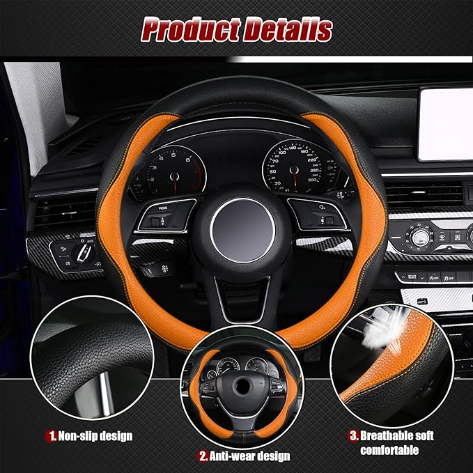 Steering Wheel Cover, Anti Slip Breathable Comfort PU Imitation Leather Cute Car Accessories for Women Girl, Universal Protector in All Season 15 inch Fit Most Car(Orange)