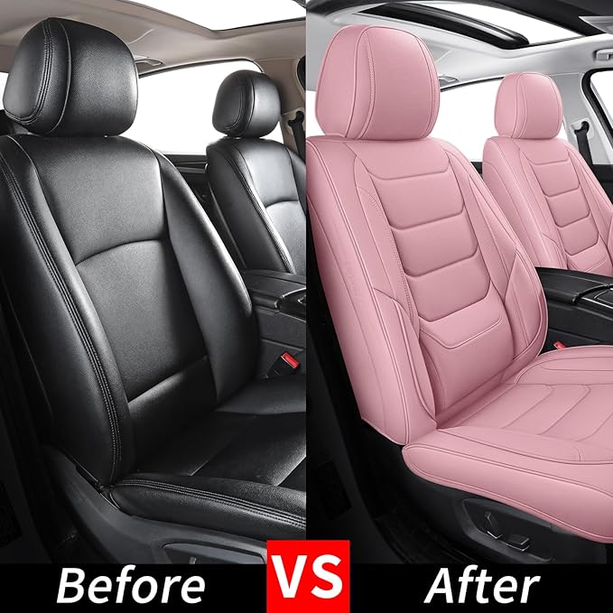 SCOMEE Pink Leather Car Seat Covers Front Seat Breathable Seat Protectors Waterproof Automotive Seat Covers Universal Fit for Most Cars SUVs Trucks Vehicles