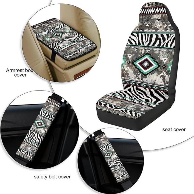 Qeluxign 5-Piece Car Accessories Set Tribal Zebra Print Universal Fit PU Leather Seat Covers Seatbelt Pads and Armrest Cover for Cars, Trucks, SUVs