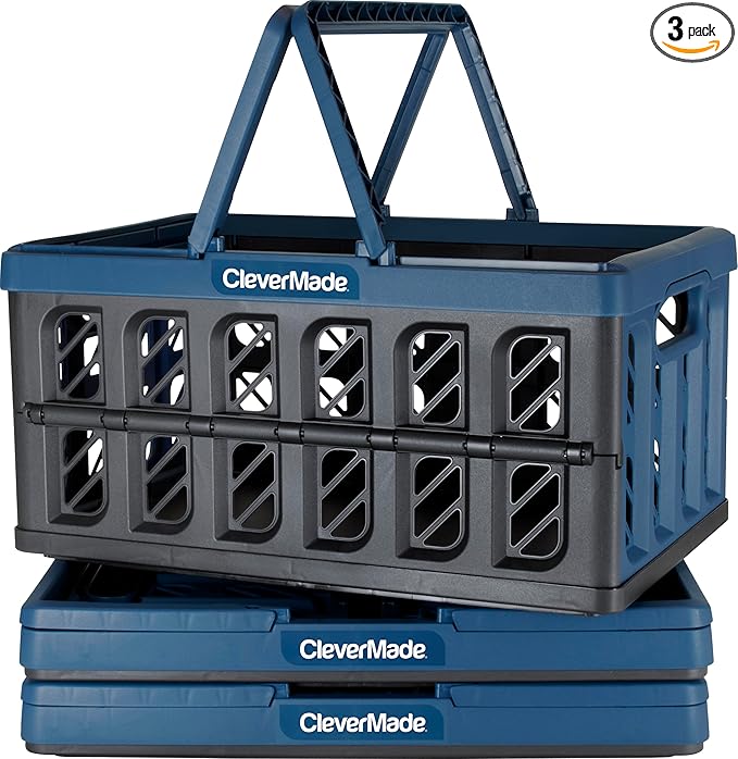 CleverMade Collapsible Shopping Basket, Ocean, 3PK - 24L (6 Gal) Reusable Plastic Grocery Shopping Baskets, Holds 25lbs Per Basket - Small Foldable Storage Crates with Handles