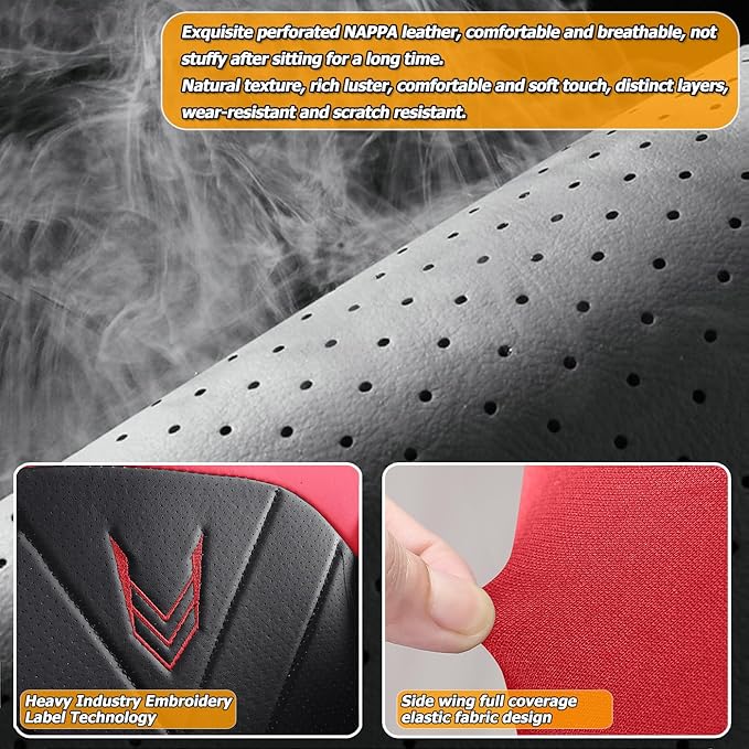 Car Seat Covers Full Set 3D Foam Back Support, 5 Seats Universal Fit for Most Cars, Nappa Leather Car Seat Cushion Super Breathable, Storage Bags, All Season, Black Red Car Seat Cover
