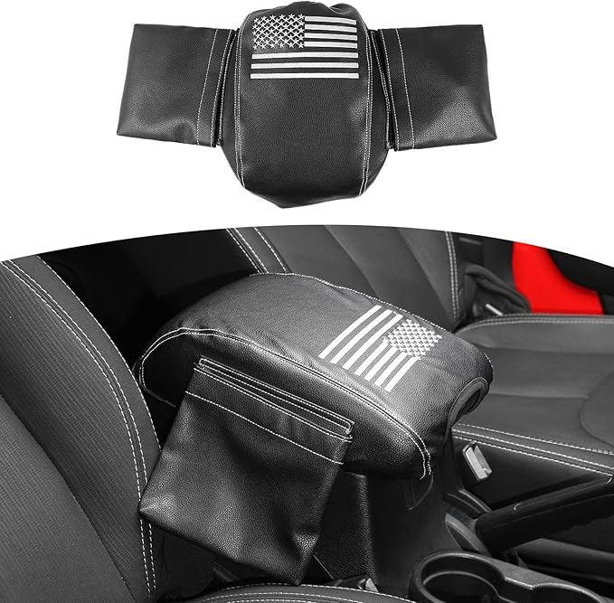 RT-TCZ Center Console Armrest Cover for Jeep Wrangler JK JKU 2011–2017, Black Leather Armrest Pad Protector with Storage Pocket, Scratch-Resistant & Waterproof, American Flag