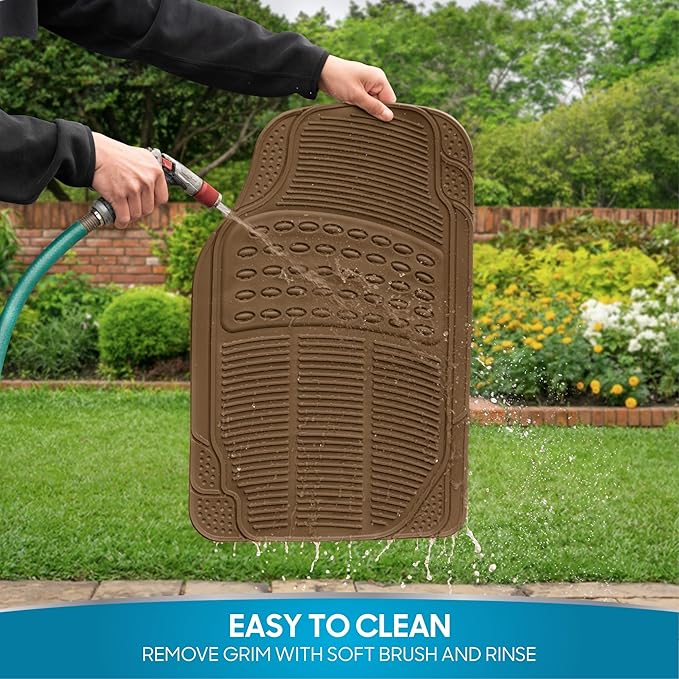 BDK ProLiner Heavy Duty Rubber Floor Mats for Auto - All Weather Protection Liners 3 PC Set (Tan Beige)