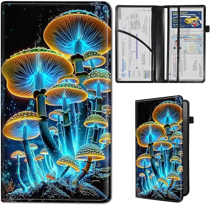 Qindaiwen Car Registration and Insurance Holder, Vehicle Card Document Elastic Band Closure Glove Box Organizer, Driver License Cards, Car Accessories for Essential Info, Shine Mushroom