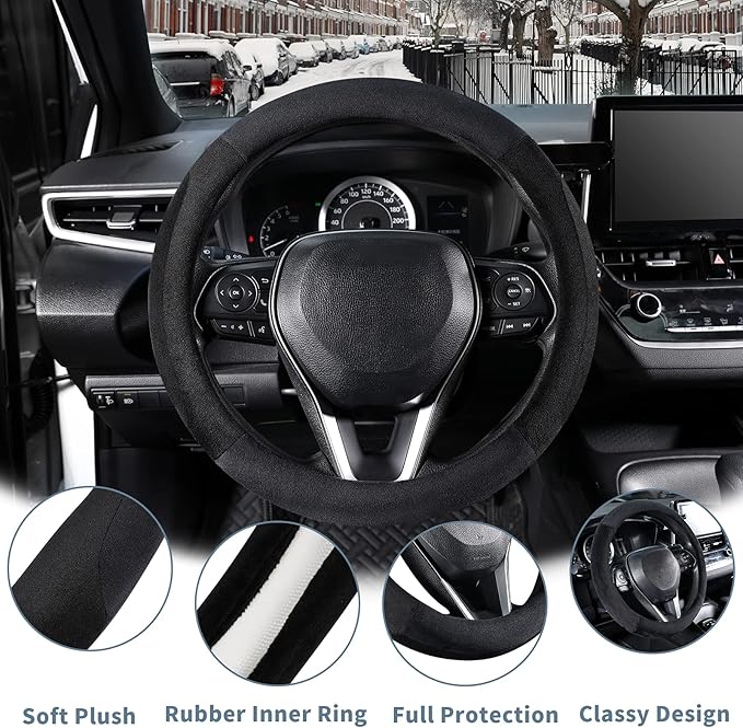 SEG Direct Car Steering Wheel Cover for F-150 Tundra Range Rover 15.25-16 inch, Warm Plush, Summer Winter, Black