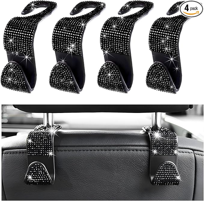 4 PCS Car Seat Headrest Hooks, Bling Crystal Rhinestone Back Seat Hanger Storage Organizer, Sparkly Seatback Holder Hooks for Purse and Bags Universal For Most Vehicles (Black)