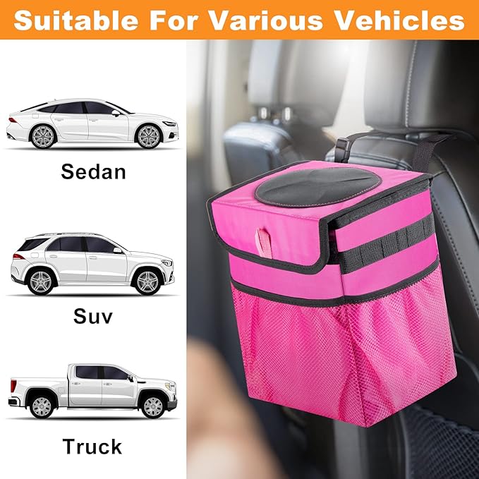 GPUSFAK Car Trash Can Foldable Garbage Bin Leakproof 2.3 Gallons Car Trash Bag Pink
