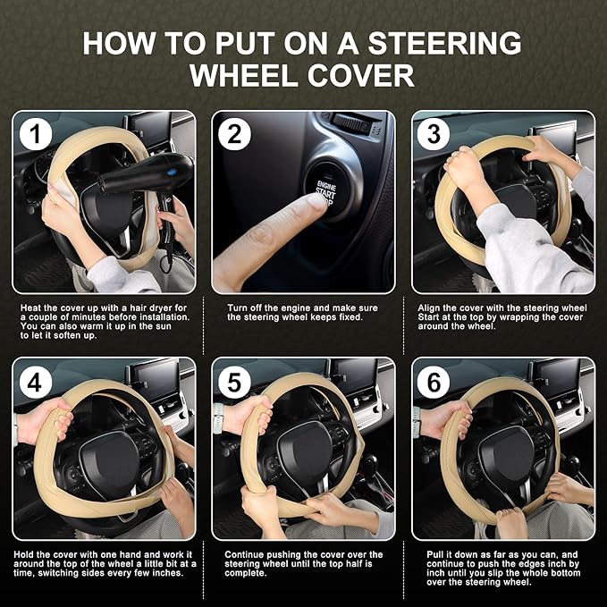 SEG Direct Steering Wheel Cover 14.5-15 inch (37-39 cm) Medium Size, Microfiber Leather, Non-Slip Comfortable Grip, Fits Cars Trucks SUVs, Beige