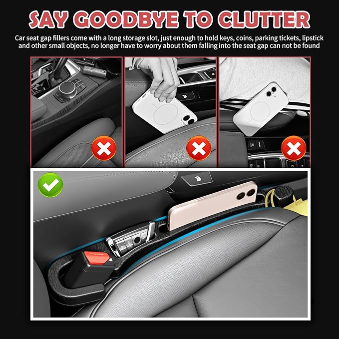 2PCS New Car Seat Gap Filler Organizer with Car Glass Breaker,3 in 1 in Between Cars Seat Catcher with Hook & Storage Slot,Universal Cars Side Seats Gap Fillers with Seats Belt Holes