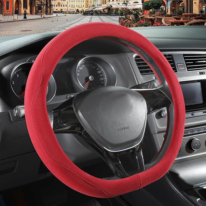 Red Suede D Shaped Steering Wheel Cover, Breathable Non-Slip Sweat-Proof Wear-Resistant No Pilling, Warm in Winter and Cool in Summer, Universal 15 inch