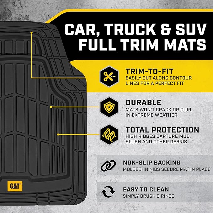 Cat® ToughRide™ Heavy-Duty 3 Piece Rubber All Season Floor Mats for Car Truck Van SUV, Black - Premium Trim to Fit Cars Floor Mat, All Weather Deep Dish Automotive Floor Mats, Total Dirt Protection
