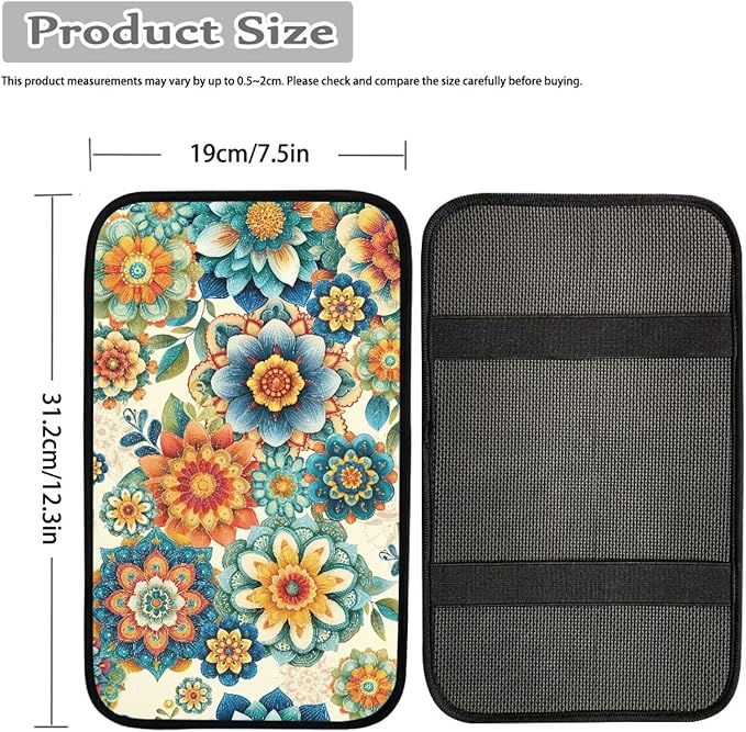 Horeset Retro Flower Non-Slip Car Armrest Cover Cushion Universal Fit Silver Automobile Center Console Pad Decor Protector