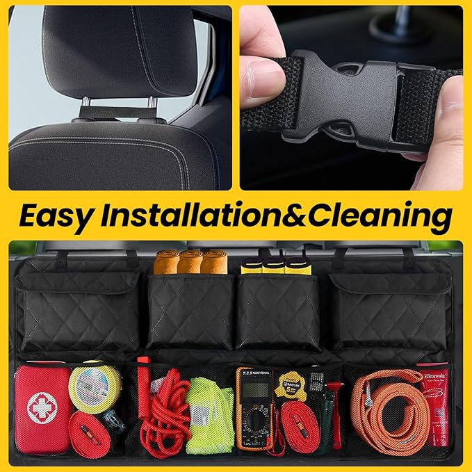 Car Trunk Hanging Organizer 3D Textured (Extra-Long), Cotton-Padded Farewell to Collapse, Reinforced Stitching, Extra-Wide Pocket, Backseat Grocery Storage Bag with 8 Pockets for SUV,Truck,Van