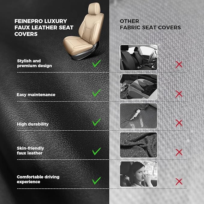 FEINEPRO Beige Car Seat Covers Only Front 2pc - Breathable Faux Leather Universal Seat Covers for Cars, Automotive Protector Fit for Most Sedan SUV Pick-up Truck