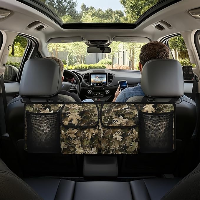 CLOHOMIN Camo Hunting Trunk Organizer for Car Women Men Wood Trunk Hanging Organizer Backseat Bag Collapsible Auto Storage Accessories Interior with 2 Pockets 2 Mesh Pouches
