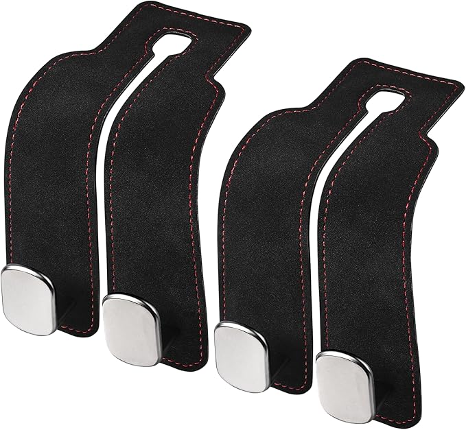 2Pcs Car Hooks for Headrest, Car Seat Hooks Purse Hook, Double Flexible Leather Hooks Car Accessories Interior for Women Men, 2 in 1 Back Seat Hook Car Organizer for Bags, Purses, Handbags (Black)