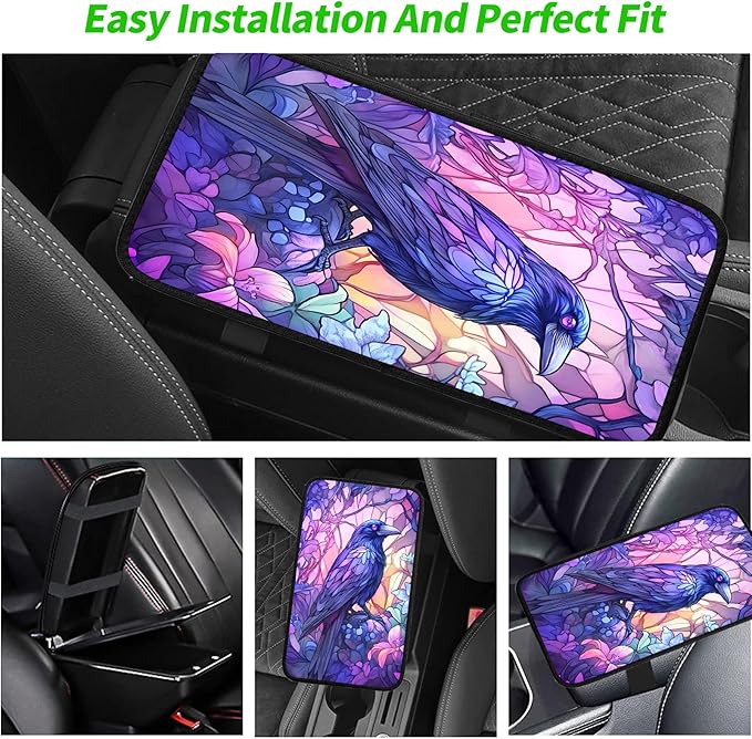 JANENFNA Car Armrest Cover Pads Universal Fashion Cute Auto Center Console Armrest Cover Pad with 2PCS Car Coasters Soft Waterproof Car Armrest Seat Protector for Women,Beautiful Crow