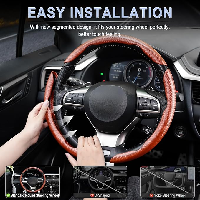 Amiss 3pcs Carbon Fiber Anti-Skid Steering Wheel Cover, Waterproof & Segmented Butterfly Design, Universal 99% Vehicle Wheel Cover Protector, Car Interior Accessories, Champagne
